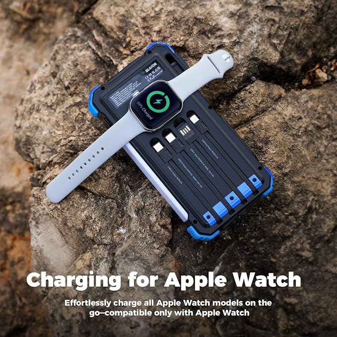 BLAVOR Solar Power Bank 20000mAh Built-in Cables, Wireless Charger for Apple Watch, 20W Fast Charging Battery Pack with USB C, Flashlight, Solar Charger for iPhone, iPad, iWatch, Samsung