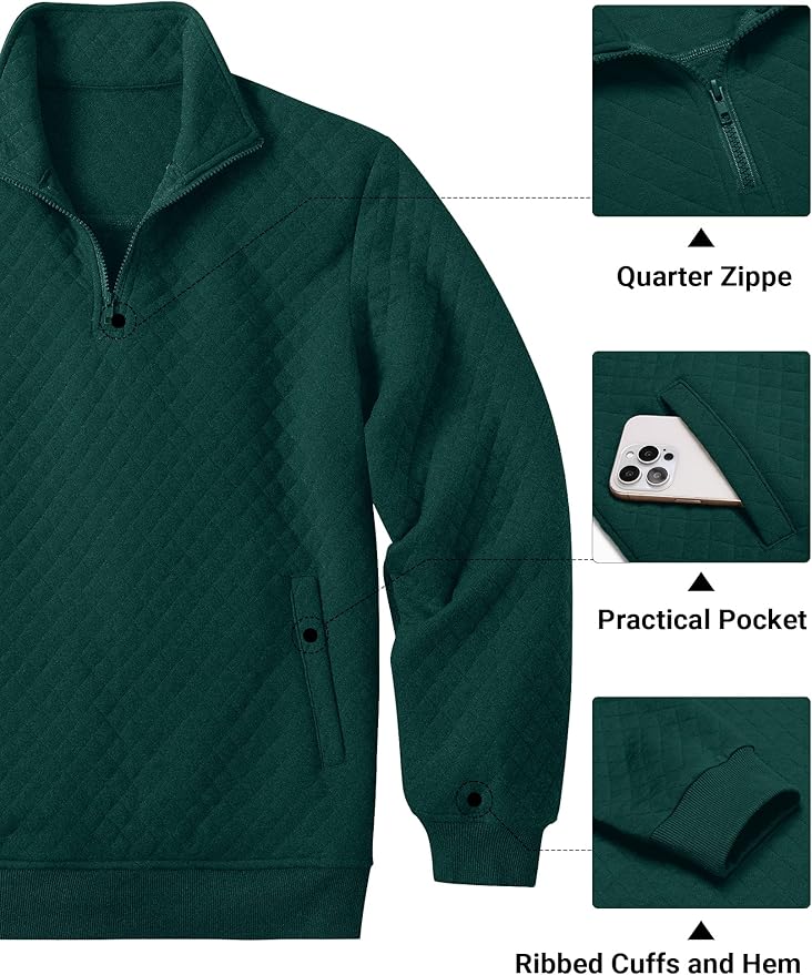 COOFANDY Mens Quarter Zip Pullover Quilted Sweatshirt Knit Long Sleeve Mock Neck Sweater Polo with Pocket