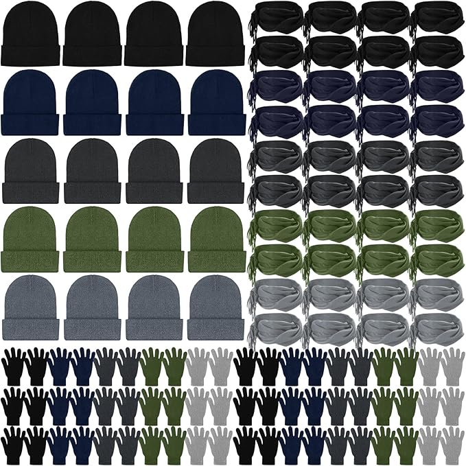 Unittype 300 Pcs Winter Homeless Care Supplies Bulk - Beanies Caps Gloves Scarves Set for Community Charity Church Donation