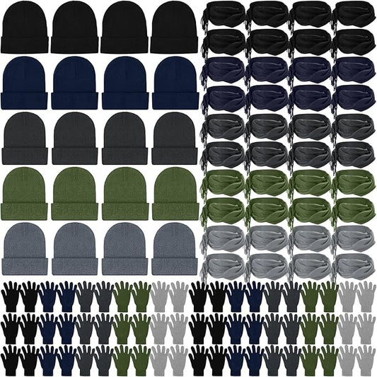 Unittype 300 Pcs Winter Homeless Care Supplies Bulk - Beanies Caps Gloves Scarves Set for Community Charity Church Donation