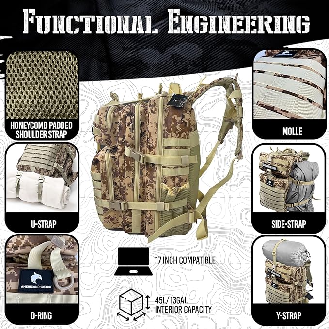 AMERICANPHOENIX 45L Elite Tactical Backpack | 3X Stronger Work & Military Backpack | Water Resistant and Heavy Duty | 3 Day MOLLE Bug Out Bag (Sand Storm)