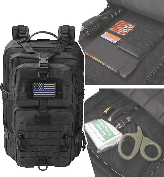 MOLLE Assault Backpack, Tactical Backpack Military Army Camping Rucksack, 3-Day Pack Trip w/USA Flag Patch, D-Rings, Black