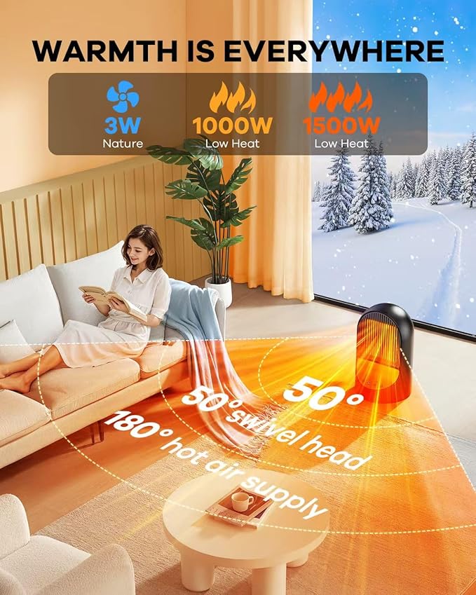Space Heater, 1500W Portable Electric Heaters for Indoor Use,50°Oscillation, 8H Timer, 3 Modes, Quiet Safe Room PTC Ceramic Heater for Office Room Desk