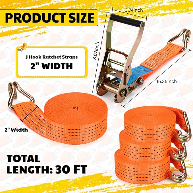 10 Pack 2 x 30 ft Car Tie Down Straps for Trailers 6600lbs Breaking Strength Ratchet Strap Tie Down J Hook Heavy Duty Cargo Ratcheting Strap for Cargo Vans, Trucks, Trailers, Orange