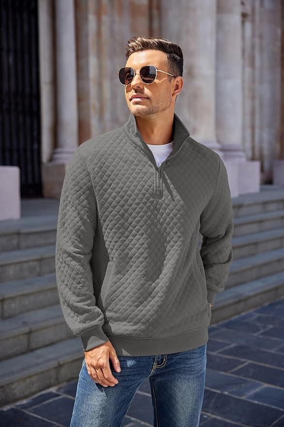 COOFANDY Mens Quarter Zip Pullover Quilted Sweatshirt Knit Long Sleeve Mock Neck Sweater Polo with Pocket