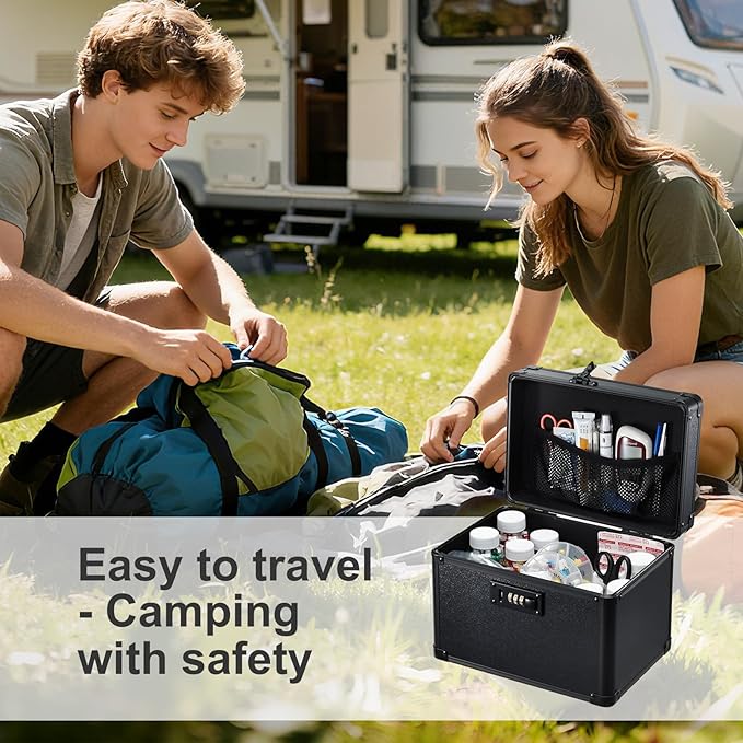 Lockable Security Storage Box - Shiny Black Safe Combination Lock Box, Cabinet Med Organizer, 10 x 7 x 9 Inches Safe Case for Documents, Valuables, Medicine & Money