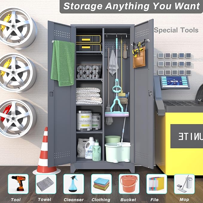 Lockable Storage Cabinet,Metal Garage Storage Cabinets with Doors,Steel Utility Closet Cabinet with Adjustable Shelves,Locking Cabinet for Home,Garage,Gray