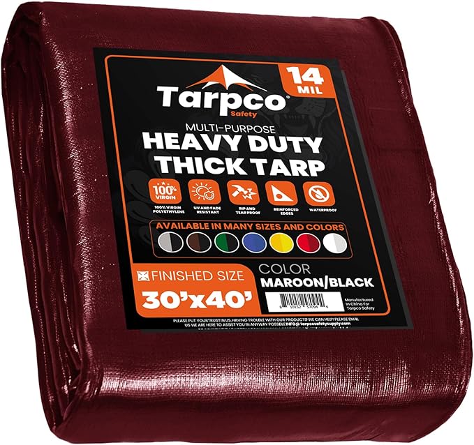 Tarpco Safety Extra Heavy Duty 14 Mil Tarp Cover, Waterproof, UV Resistant, Rip and Tear Proof, Poly Tarpaulin with Reinforced Edges for Roof, Camping, Patio, Pool, Boat (Maroon/Black 30′ X 40′)