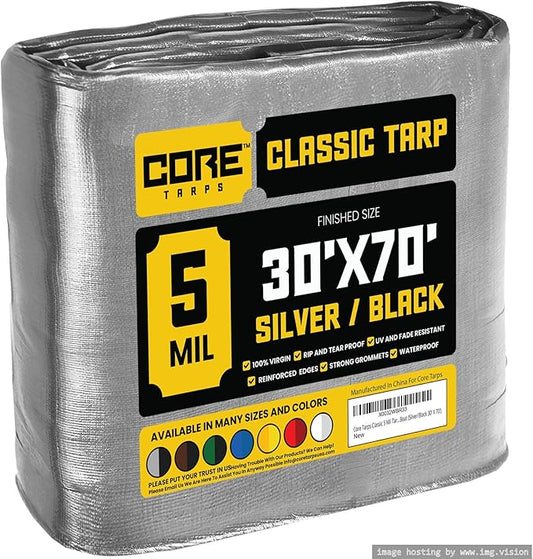 Core Tarps Classic 5 Mil Tarp Cover, Waterproof, UV Resistant, Rip and Tear Proof, Poly Tarpaulin with Reinforced Edges for Roof, Camping, Patio, Pool Cover, Boat (Silver/Black 30′ X 70′)