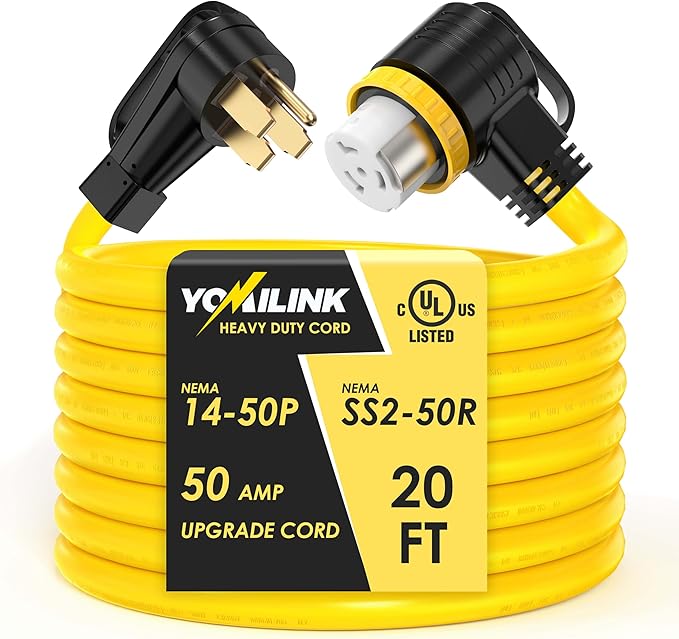 20 Feet 50 Amp RV/Generator Cord, UL Listed, Locking Connector, NEMA 14-50P to SS2-50R Twist Locking, Newly Designed 90°Grip Handle, 6/3+8/1 Gauge STW Wire