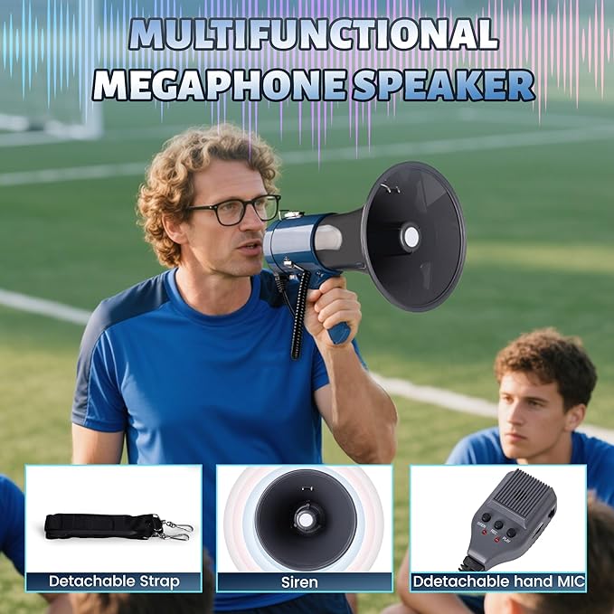 50 Watt Megaphone Bullhorn with Detachable Microphone, 240s Recording and Siren - Perfect for Indoor/Outdoor Sporting Events and Crowd Control