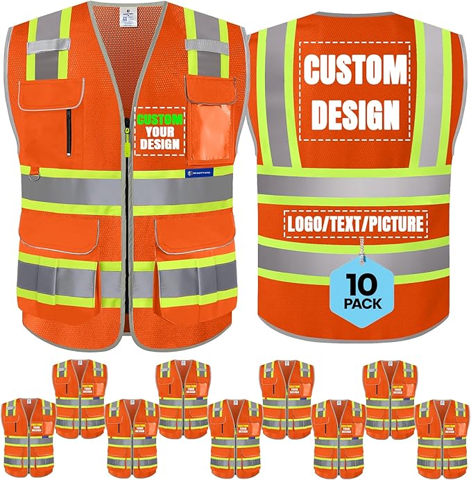 BeautyWill 10 Pack Custom Logo Safety Vest ANSI Class 2 High Visibility Reflective Vest Personalized Construction Vest Bulk