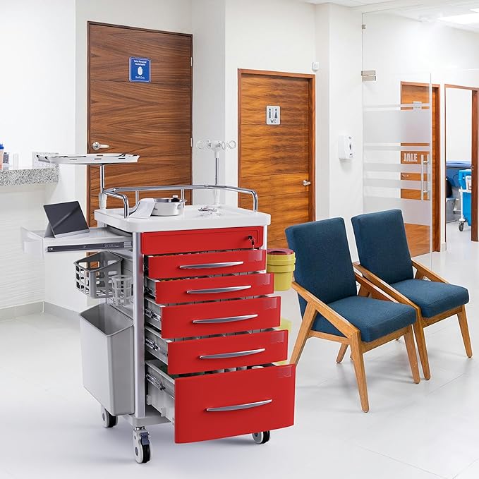 Medical Emergency Rolling Crash Cart with Drawers - Adjustable IV Pole, Silent Casters, Needle Disposal Holder, Trash Bin, O2 Holder, Nursing Trolley Cart for Clinic, Hospital, Salon