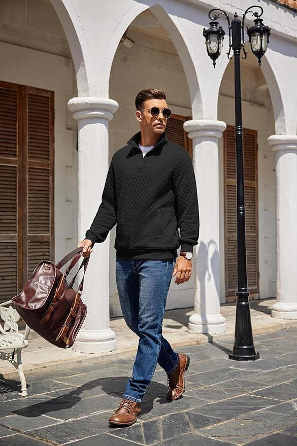 COOFANDY Mens Quarter Zip Pullover Quilted Sweatshirt Knit Long Sleeve Mock Neck Sweater Polo with Pocket