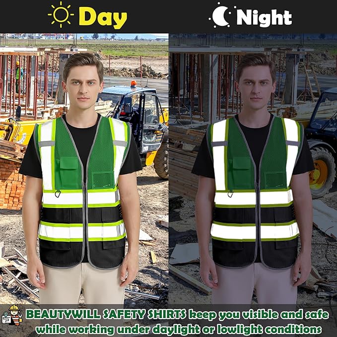 BeautyWill 10 Pack Custom Logo Safety Vest ANSI Class 2 High Visibility Reflective Vest Personalized Construction Vest Bulk