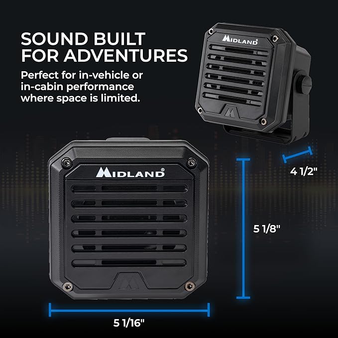 Midland- SPK200 Heavy-Duty 20W Amplified External Speaker - AI Noise Cancellation 180 Degrees Swivel Base for CB and MXT Radios 8-OHM Sound System 3.5mm Audio Plug - Waterproof Design