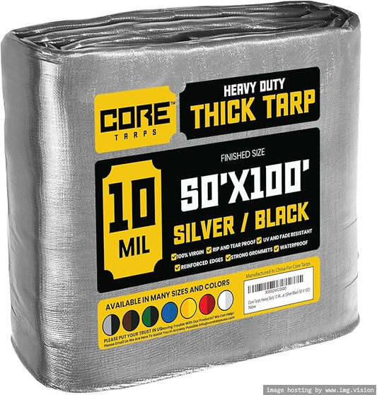 Core Tarps Heavy Duty 10 Mil Tarp Cover, Waterproof, UV Resistant, Rip and Tear Proof, Poly Tarpaulin with Reinforced Edges for Roof, Camping, Patio, Pool, Boat (Silver/Black 50′ X 100′)