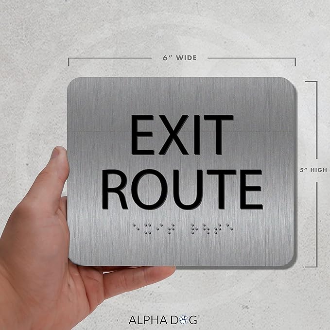 ALPHA DOG ADA SIGNS - Exit Route Sign with Braille for Your Business, 5x6 Inch, ADA Compliant, Indoor or Outdoor, Easy Installation, Made in the USA, Brushed Metal