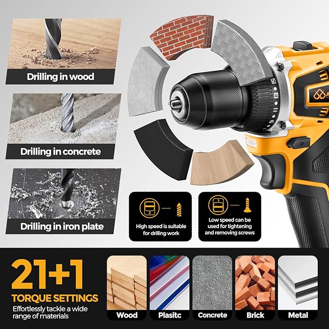 20V Brushless Cordless Lithium-Ion Drill Set, Compact Design, Yellow Rechargeable Lithium-Ion Drill Kit, including 2.0Ah Battery, Charger and 3/8-inch Keyless Chuck