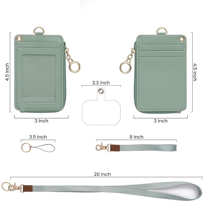 2-in-1 ID Badge Holder with Lanyard - Multi-Use Lanyard Keychain Wallet for Women, Small Keychain Wristlet Wallet with Strap & Lanyards for ID Badges, Phone & Card Holder - Sage Green