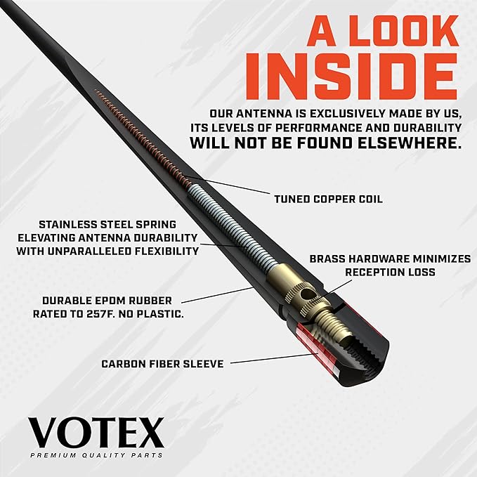 Votex - The Spartan - 13 3/4 Inch Short Flexible Rubber Antenna - Red Carbon Fiber Trim - Tuned Internal Copper Coil - Part Number A601-NNO-15