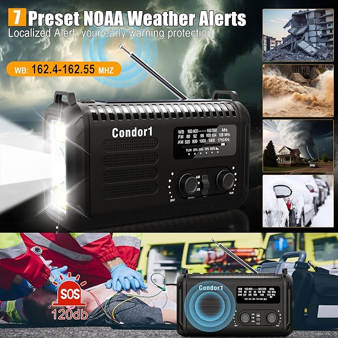 Emergency Radio, 20000mah NOAA AM FM Weather Radio, Solar Hand Crank Portable Radios, Battery Operated, SOS Alarm, Reading Lamp& Flashlight for Hurricane Emergencies Survival (Black)