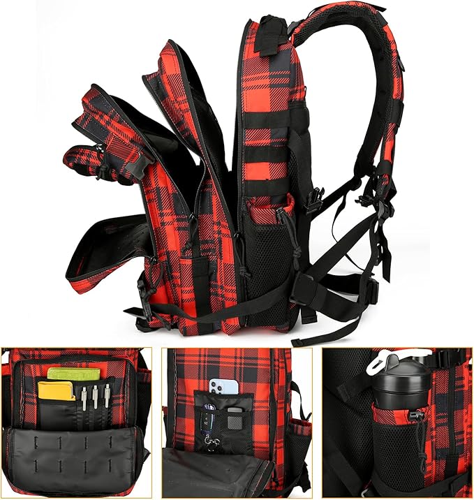 25L Tactical Backpack for Men and Women Military Backpack Small Assault Pack Molle Backpack Bug Out Bag Travel Rucksack Daypack (Red Plaid)