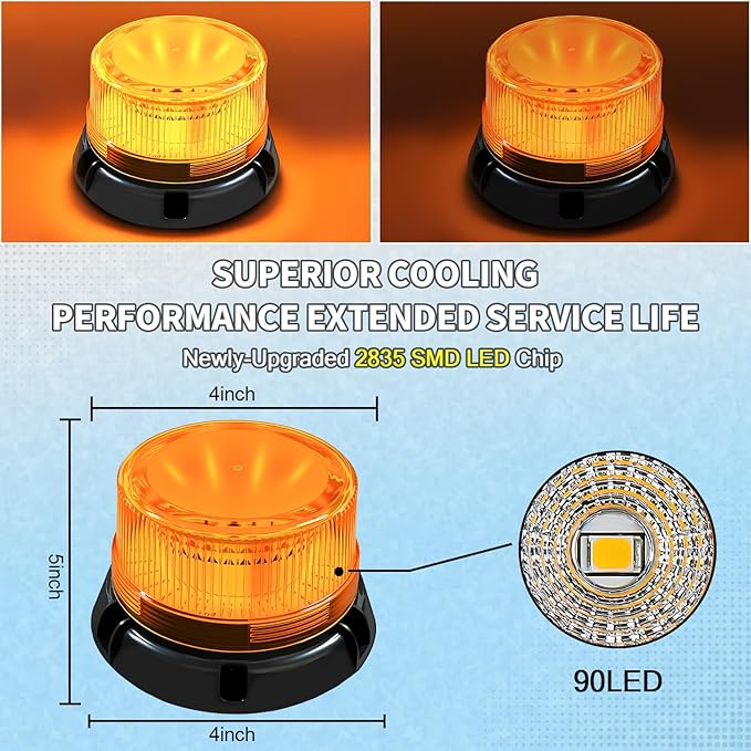 Magnetic Wireless Strobe Light With 90-LED 3600mah Battery IP67 Waterproof USB-C Fast Charge 360° Day/Night Visibility Magnetic Base 2 Flash Modes For Trucks & Tractors Utvs Golf Carts 1 Pack