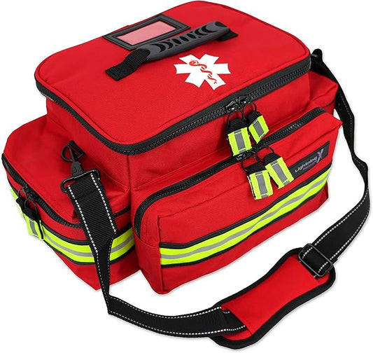 Lightning X Mid-Sized First Responder EMT Bag | LXMB25 | Fully Stocked w/ 248+ First Aid Supplies + Trauma Pak w/C.A.T. Tourniquet & QuikClot - RED