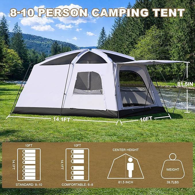 8-10 Person Camping Tent, Large Family Cabin Tents with Porch & Rainfly, Double Layer Waterproof Glamping Tent with 2 Rooms 3 Doors, Portable Big Tents for Outdoor Camping Hiking Party
