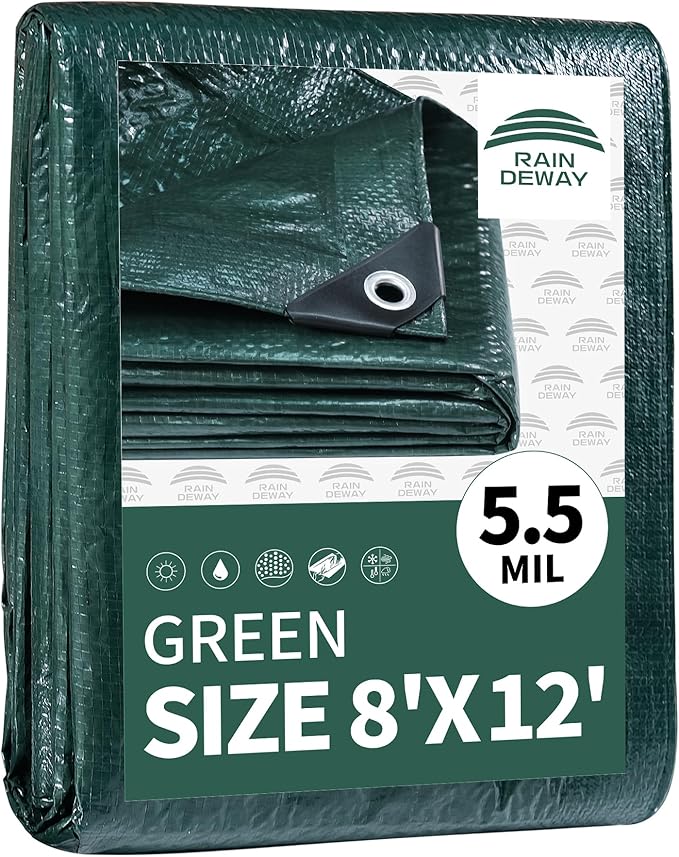 RAINDEWAY Tarps 8x12 Feet,Tarp Waterproof,5.5 Mil Thick, Multipurpose Waterproof Poly Tarp Cover with Metal Grommets and Reinforced Edges,Green Tarps