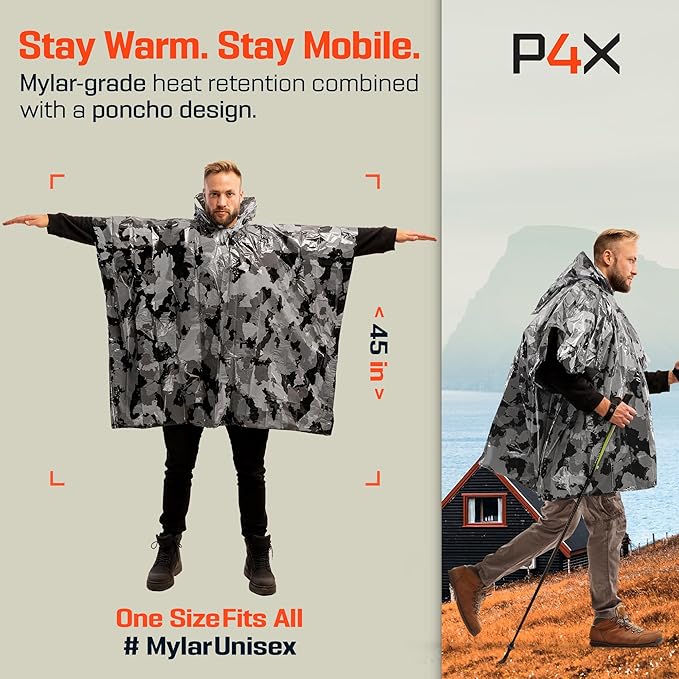 PREPARED4X Emergency Poncho and Mylar Blanket Liner - Waterproof, Wind-Resistant Outdoor Rain Poncho for Camping, Emergencies