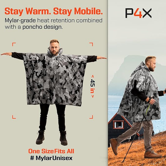 PREPARED4X Emergency Poncho and Mylar Blanket Liner - Waterproof, Wind-Resistant Outdoor Rain Poncho for Camping, Emergencies