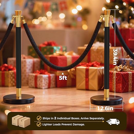 16pcs Sturdy Stanchion Posts, 16pcs High Quality Black Velvet Ropes, Water/Sand/Concrete Fillable Leakproof Base, Crowd Control Barriers for Birthday, Prom, Business, Wedding, Red Carpet