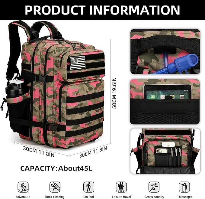 45L Tactical Assault Backpack 3 day assault pack with Molle Waterproof backpack Rucksack for Tactical Backpacks (Pink Camo)