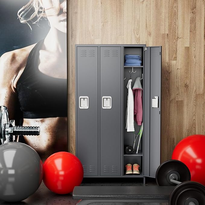Metal Employee Lockers with 3 Doors,Metal Locker with 9 Hooks for Office Gym Garage Home,Assembly Required,Dark Grey