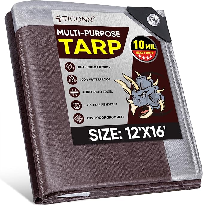 TICONN Heavy Duty Tarp Cover, Extra Thick Tarps Waterproof Tear and Rip Proof UV Resistant Tarpaulin with Reinforced Grommets and Edges (10 Mil, 12'x16')