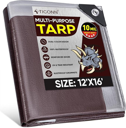 TICONN Heavy Duty Tarp Cover, Extra Thick Tarps Waterproof Tear and Rip Proof UV Resistant Tarpaulin with Reinforced Grommets and Edges (10 Mil, 12'x16')