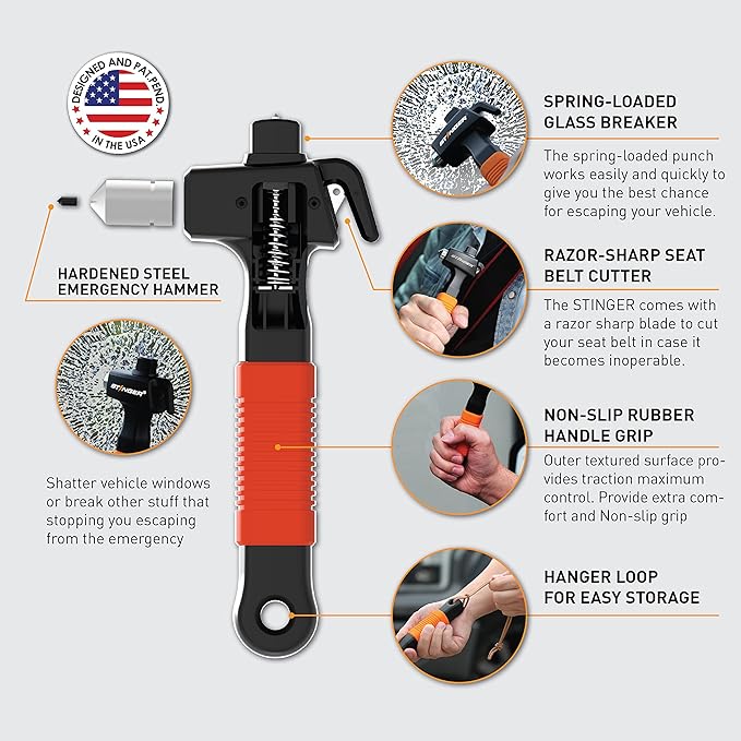 Stinger Super Duty Car Emergency Escape Tool - Hardened Carbon Steel Safety Hammer, Spring-Loaded Window Breaker, Razor-Sharp Seat Belt Cutter, Life-Saving Rescue Tool (Orange and Orange)