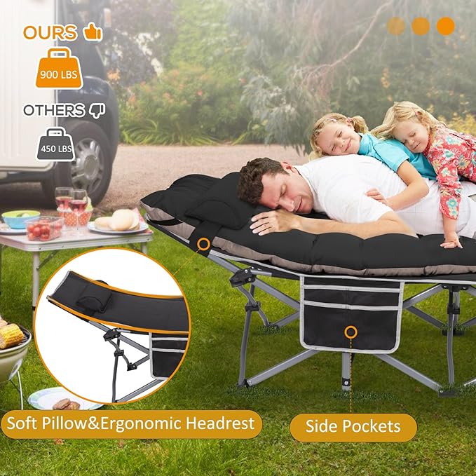 2 Pack Wide Folding Camping Cots with Pillow & Extra Thick 3 Inch Matress, Cots for Sleeping 900 LBS, Camping Bed for Adults with Cushion, Sleeping Cot (Black)