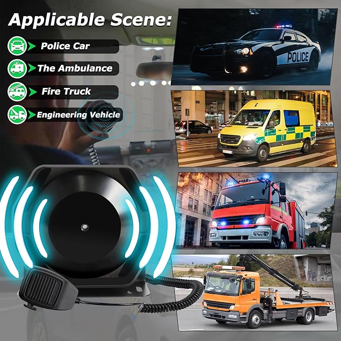 Police Siren for Car 8 Tones Warning Emergency Siren PA System with Handheld Microphone 12V 200W for The Ambulance,Fire Truck,Engineering Siren for Vehicle