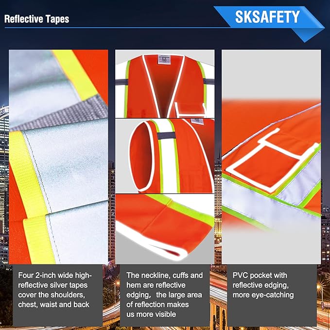 SKSAFETY 10 Pockets Safety Vest, Class 2 High Visibility Security with Zipper, Hi Vis Vest with Reflective Strips, ANSI/ISEA Standard, Construction Work Vest for Men ＆ Women （Orange, L）