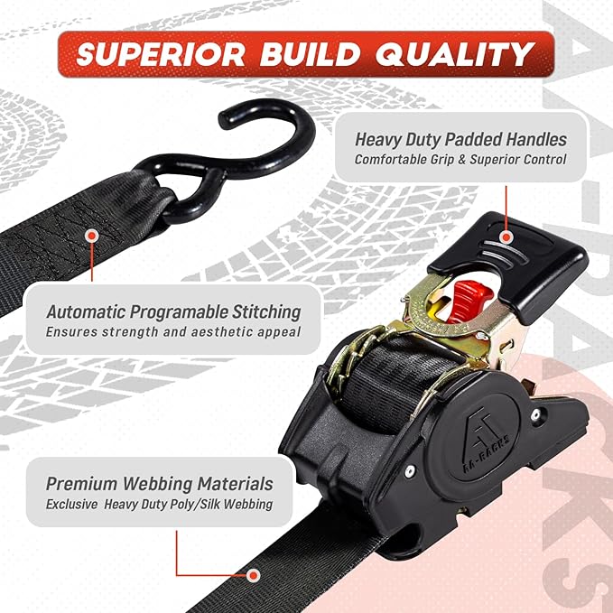 AA-Racks Heavy Duty Retractable Ratchet Straps (2 Pack) - 2 Inch x 9 Ft 3300lbs Break Strength, Tie Down Straps for Securing Cargo, Truck Rack Ratchet Strap Kit with S-Hooks