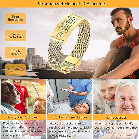 VNOX Medical Alert Bracelets for Men & Women Kids with Free Engraving Adjustable Stainless Steel Mesh Emergency Medical ID Bracelets Wristband