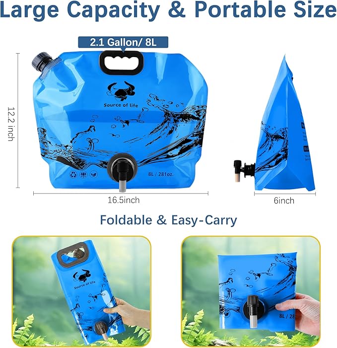 Water Jug Camping 2.1 Gallon Collapsible with Spigot, BPA Free Portable Water Pouch Foldable Water Bags for Outdoor Hiking, Travel and Emergency & Water Storage Containers (Blue-1Pcs)