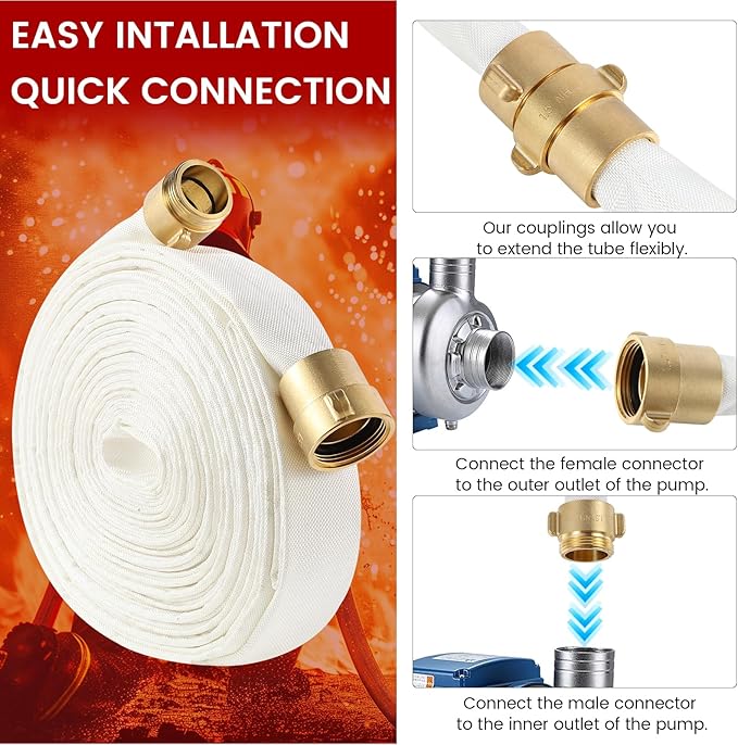 Fire Hose, 1-1/2" ID x 100 FT Firefighter Hose, White Industrial Flat Water Hose with M x F NST/NH Brass Couplings for Indoor Outdoor Fire, Home Garden Irrigation