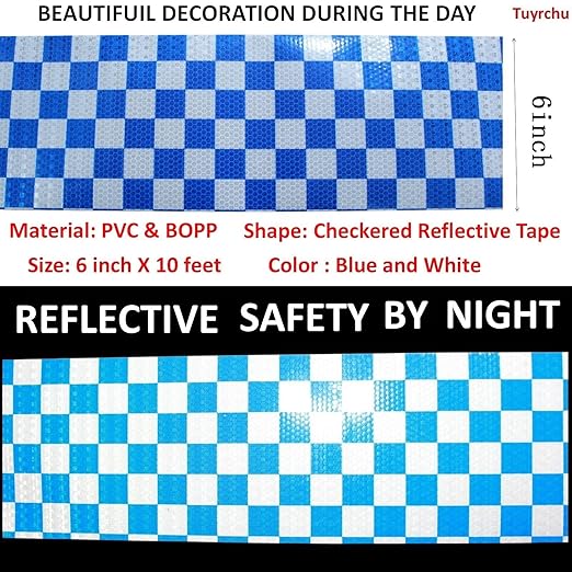 Reflective Tape Blue and White 6 inch X 10 feet, Outdoor Waterproof Hazard Conspicuity Warning Industrial Marking Tape