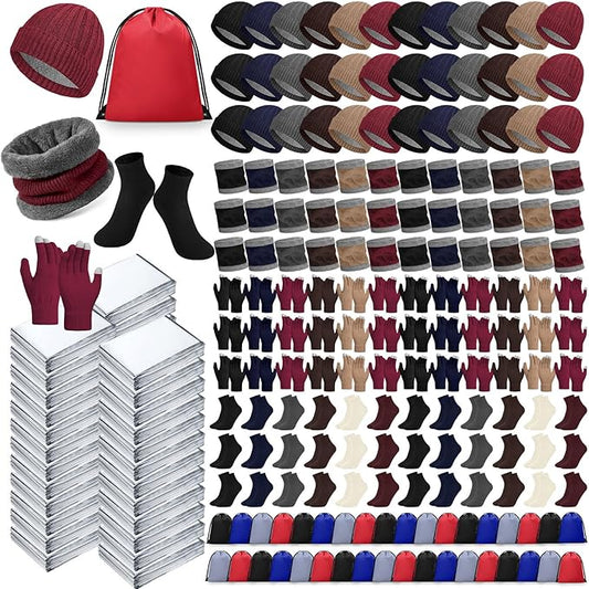 252 Pack Homeless Care Package Supplies Bulk Care Kit for Winter Beanie Gloves Sock Drawstring Bags Blankets for Women Men Gift (Silver)