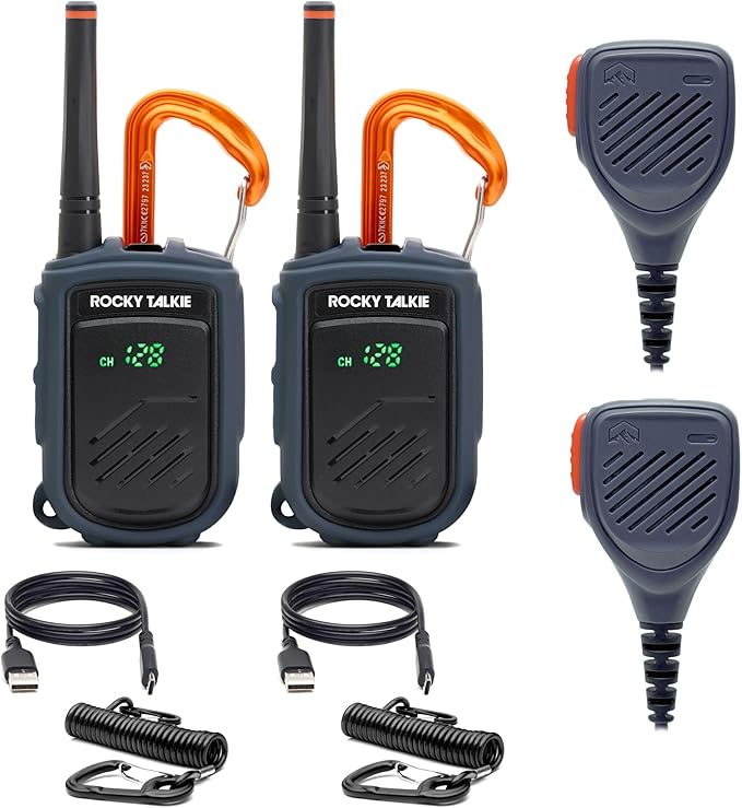 Rocky Talkie Mountain Radio with Waterproof Handmic, Long Range Walkie Talkie, FRS Handheld Radio, 4 Day Battery Life, Max Durability, 2 Pack