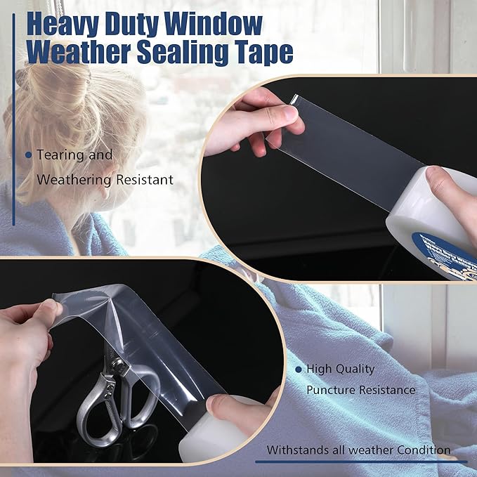 Heavy Duty Window Weather Sealing Tape - Transparent, 3 Inch Wide x 90 FT Long, Plastic, PEWST001